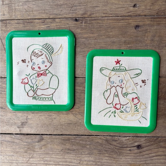 Vintage Embroidered Wall Art with Green Frames - Picture 1 of 3
